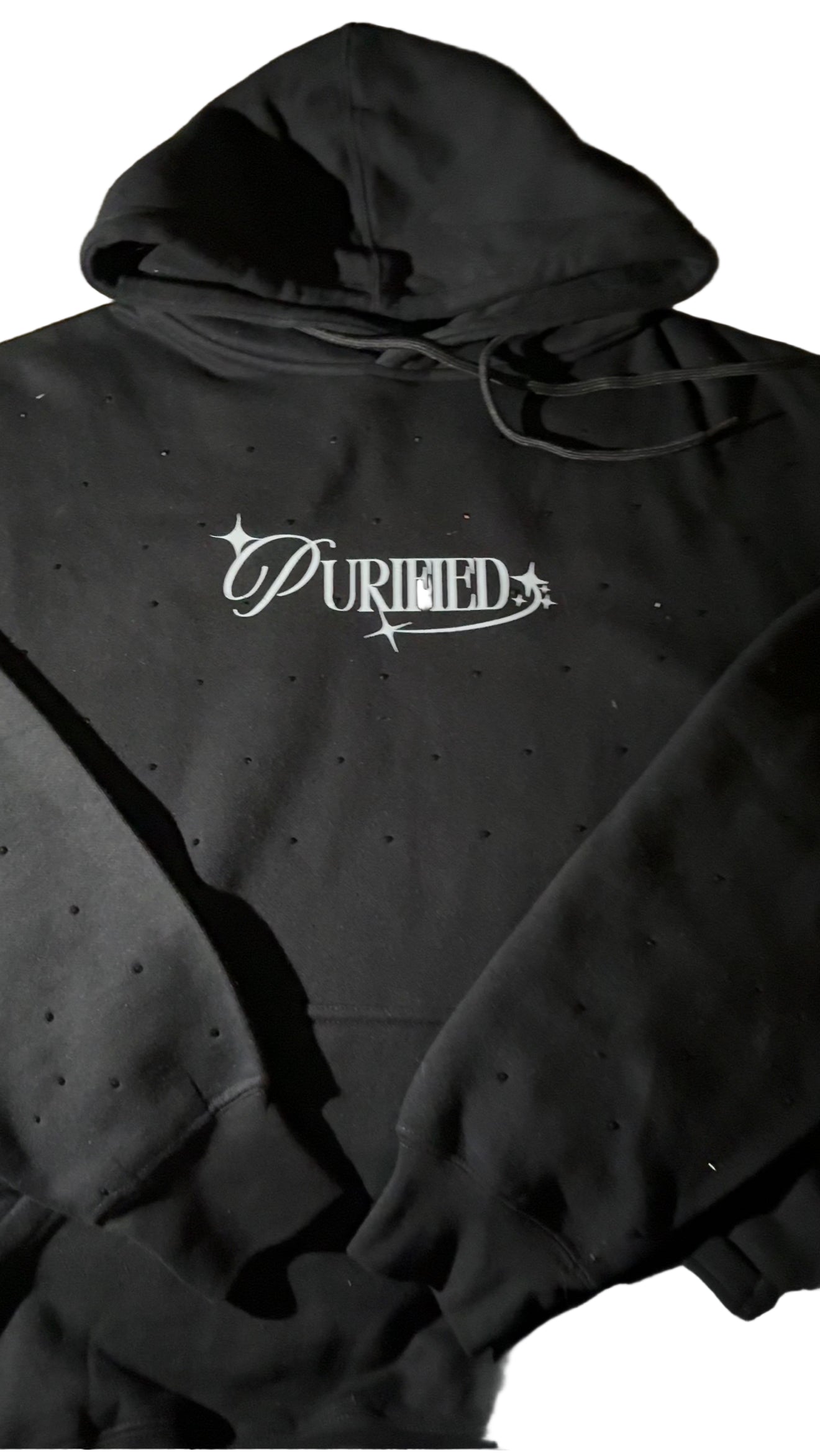 Black hoodie with 'Purified' logo on front Bling on front and sleeves.