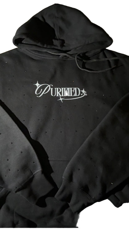 Black hoodie with 'Purified' logo on front Bling on front and sleeves.