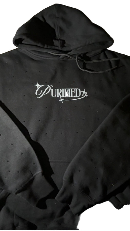 Black hoodie with 'Purified' logo on front Bling on front and sleeves.